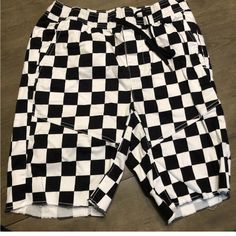 No Boundaries Men’s Black And White Checkered Shorts Nwot Never Worn, Size Small Please See Pictures For Material Retro White Shorts With Pockets, Black Cotton Swim Trunks With Pockets, Casual Black Cotton Swim Trunks, Casual Black Swim Trunks, Retro Black Short Bottoms, White Cotton Swim Trunks Short Length, White Cotton Swim Trunks With Built-in Shorts, White Casual Cotton Swim Trunks, White Cotton Swim Trunks With Pockets