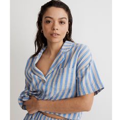 New With Tags. Line On Inside Label To Prevent In Store Returns. Madewell Color: Blue / Beige Stripe Size : L This Striped Top Features An Oversized Style Made Of A Lightweight Double-Layered Cotton Gauze. Slightly Oversized Fit. Length: 25 1/4" Cotton. Do Well: By Buying Cotton Products From Madewell, You're Supporting Our Investment In Better Cotton's Mission To Help Cotton Communities Survive And Thrive While Protecting And Restoring The Environment. This Product Is Sourced Through A System O Blue Short Sleeve Lounging Sets, Relaxed Blue Tops For Daywear, Blue Relaxed Fit Lounging Sets, Blue Short Sleeve Sleepwear For Summer, Blue Relaxed Fit Loungewear Sets, Blue Relaxed Fit Lounge Sets, Relaxed Fit Blue Lounge Sets, Summer Short Sleeve Lounging Top, Blue Short Sleeve Sets For Daywear