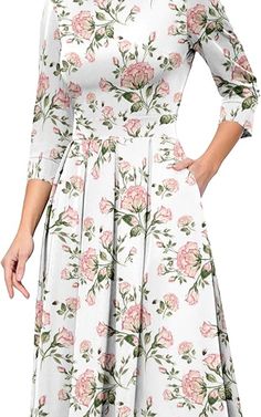 Women's Floral Vintage Dress Elegant Midi Evening Dress 3/4 Sleeves Modest Vintage Dresses, Weekend Getaway Outfits, Frocks For Women, Pink Flower Design, Vintage Midi Dress, Bright Outfits