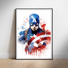 captain america watercolor art print on the wall