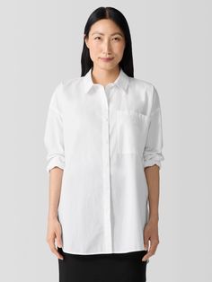 Washed Organic Cotton Poplin Classic Collar Long Shirt | EILEEN FISHER Effortless Cotton Shirt For Daywear, Effortless Collared Cotton Shirt, Everyday Shirt With Pockets And Shirttail Hem, Effortless Everyday Shirt With Shirttail Hem, Modern Cotton Dress Shirt For Daywear, Everyday Shirt With Placket And Shirttail Hem, Cotton Shirt With Rolled Sleeves And Shirttail Hem, Effortless Daywear Shirt With Rolled Sleeves, Everyday Shirt With Shirttail Hem And Placket