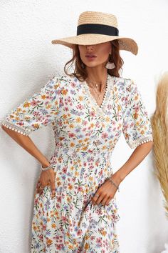 Women Dress Best Short Sleeve Printed Dress – Cloth Arlo Chic Short Sleeve Floral Dress With Ditsy Print, Summer V-neck Lined Dresses, Short Sleeve Maxi Dress With Ditsy Floral Print, V-neck Floral Dress For Day Out, Lined V-neck Midi Dress For Vacation, Floral Print Sundress For Day Out, Casual Lined Midi Dress, Casual Lined Knee-length Midi Dress, Brunch Ditsy Floral Print Short Sleeve Dresses