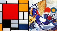 an abstract painting with multiple colors and shapes on it's side, including blue, yellow, red, orange, and white