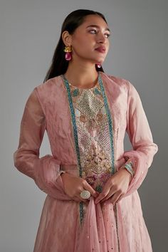 Rose pink organza anarkali with floral embroidered yoke and sleeve hem. Comes with dash ikat Banarasi embroidered palazzo and Mukaish net dupatta. - Aza Fashions Pink Churidar With Dabka Work For Reception, Pink Dabka Work Churidar For Reception, Elegant Pink Churidar For Reception, Pink Kurta With Dori Work For Reception, Pink Dori Work Kurta For Reception, Pink Anarkali Set For Transitional Season, Pink Salwar Kameez For Reception In Transitional Season, Pink Zari Work Churidar For Reception, Reception Pink Churidar With Zari Work