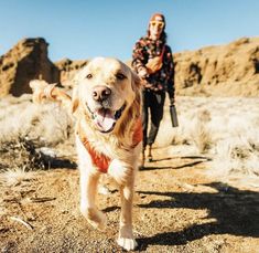 a woman walking her dog in the desert