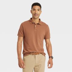 Men Polo Shirt Outfit Casual Jeans, Casual Brown Polo Shirt With Collared Neckline, Brown Cotton Short Sleeve Polo Shirt, Brown Cotton Polo Shirt With Polo Collar, Brown Cotton Polo Shirt, Casual Collared T-shirt For Work, Brown Cotton Polo Shirt For Summer, Brown Short Sleeve T-shirt For Work, Fitted Brown Cotton Polo Shirt