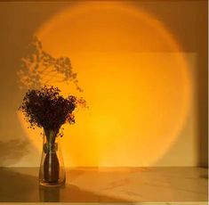 a vase filled with flowers sitting on top of a table next to a yellow wall