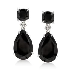 Ross-Simons - Black Onyx Drop Earrings in Sterling Silver. An RS exclusive. Be bold! These high-drama drop earrings feature 20x13mm pear-shaped and 8x8mm square cushion-cut black onyx gems in gleaming sterling silver settings, sparked at the middle with shimmery diamond accents. Hanging length is 1 1/8". Post backing, black onyx drop earrings. Classic Teardrop Earrings For Evening, Modern Pear-shaped Earrings For Formal Occasions, Modern Pear-shaped Formal Earrings, Black Drop Earrings For Formal Occasions, Expensive Necklaces, Jewelry Presentation, Black Onyx Earrings, Onyx Earrings, Onyx Stone