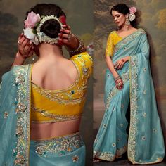 Crafted with care and attention to detail, this saree is perfect for those who appreciate fine craftsmanship and unique design. The sky blue color exudes elegance and sophistication, making it a standout choice for any special occasion. Whether you're attending a wedding or celebrating a festival, this saree is sure to make you feel like a true queen. Make a statement with our attractive sky blue organza saree, designed to turn heads and leave a lasting impression.  ----------------------------- Blue Dola Silk Pre-draped Saree For Eid, Light Blue Pre-draped Saree For Wedding, Blue Pre-draped Saree With Dori Work For Eid, Blue Pre-draped Saree With Dori Work For Festivals, Blue Bollywood Wedding Blouse Piece, Blue Pre-draped Saree With Dori Work, Blue Dola Silk Saree With Traditional Drape, Blue Dola Silk Saree In Traditional Drape, Blue Dola Silk Pre-draped Saree With Traditional Drape