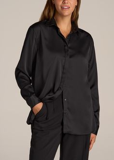 American-Tall-Women-Relaxed-Button-Up-Blouse-Black-front Elegant Black Shirt For Daywear, Black Buttoned Shirt For Daywear, Elegant Black Top With Button Cuffs, Black Blouse With Button Cuffs For Daywear, Black Button-up Tops With Covered Buttons, Black Blouse With Button Closure For Daywear, Classic Black Blouse For Daywear, Classic Black Tops With Back Button Closure, Black Button-up Blouse For Daywear