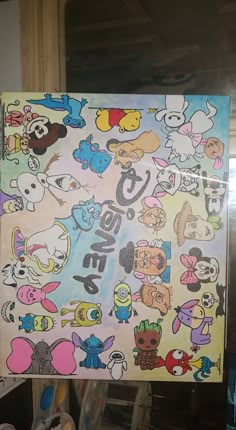 an art piece with many cartoon characters on it