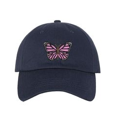 Embroidered light pink butterfly on navy baseball hat - DSY Lifestyle Outdoor Baseball Cap For Spring, Outdoor Spring Baseball Cap, Cute Baseball Cap For Beach Spring Season, Cute Baseball Cap For Beach In Spring, Cute Summer Snapback Hat With Curved Brim, Cute Summer Baseball Cap, Cute Outdoor Hats For Spring, Spring Outdoor Brimmed Baseball Cap, Spring Outdoor Trucker Hat With Curved Brim