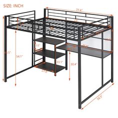 an image of a loft bed with stairs and storage space for the bottom bunk area