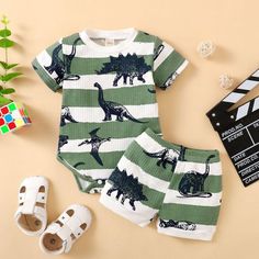 Baby Boy Dinosaur Print Striped Bodysuit & Shorts - PrettyKid Baby Closets, Baby Dust, Bodysuit Shorts, Baby Nursery Closet, Son Clothes, Baby Boy T Shirt, Nursery Closet, Newborn Clothes