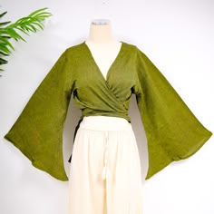 Boho Modern Clothes, Flowy Wrap Top, 60s Inspired Outfits Summer, Cotton Wrap Top, Green Fairycore Tops For Spring, Green Fairycore Tops For Summer, Green Fairycore Top For Summer, Green Fairycore Summer Top, Green Bohemian Wrap Top