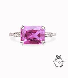 Pink Sapphire & Diamond East West Double prong Engagement Ring, Emerald cut Pink Sapphire ring, Custom, Wedding Anniversary Gift ringThis Ring will be created with your Center gem size of choice. Customize both the center gem size & accent gems to create your own unique look. The ultimate accessory for any Big Day or everyday wear!! Makes the perfect gift for that special someone in your life. Sure to be treasured for a lifetime! Looking for something in particular/custom? Please ask for details Wedding Sapphire Ring With Square Cut And Prong Setting, Radiant Cut Ruby Promise Ring With Prong Setting, Square Cut Sapphire Ring With Prong Setting For Wedding, Radiant Cut Red Ruby Ring For Wedding, Formal White Gold Ruby Ring With Radiant Cut, Pink Asscher Cut Ring With Prong Setting, Anniversary White Gold Ruby Ring With Radiant Cut, White Gold Wedding Ring, Radiant Cut With Accent Stones, Square Cut Platinum Ring For Gift