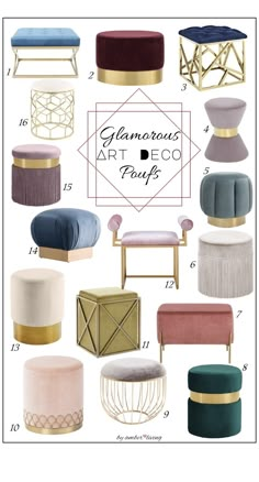 various furniture and foot stools with the words glamour art deco party written in gold