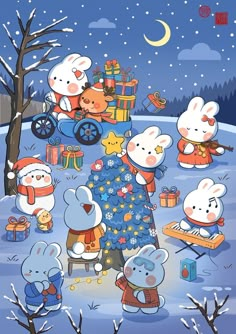 cartoon characters are gathered around a christmas tree in the snow, with presents on it