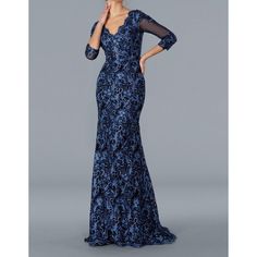 Showcase Your Sophistication In This Long Elegant Dress. Features A Fitted Bodice With Plunging V-Neckline. Slender Quarter Sleeves With Lace Fabric Graced This Dress And Flares From The Knee To The Floor Emphasizing A Mermaid Silhouette. Please Note This Is A Sample Dress Used In A Bridal Shop! Blue Fitted Dress For Gala, Blue Embellished Gown For Cocktail, Elegant Blue Mother Of The Bride Dress For Gala, Blue Embellished Dress For Gala, Blue Embellished Cocktail Gown, Embellished Blue Cocktail Gown, Cocktail Embellished Blue Gown, Blue Formal Dress With Flattering Silhouette, Formal Blue Dresses With Flattering Silhouette