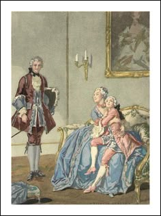 an illustration of a man standing next to a woman in a blue dress and holding a baby