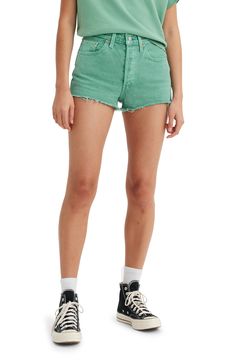 An eye-catching green wash refreshes the iconic style of nonstretch-denim shorts that define your waist and end in frayed hems. 2 1/2" inseam; 24" leg opening; 11" front rise; 16" back rise (size 29) Button fly Five-pocket style 100% cotton Machine wash, tumble dry Imported Trendy Green Relaxed Fit Shorts, Levi's Cotton Jean Shorts For Spring, Green Denim Jean Shorts For Spring, Green Bottoms With Frayed Hem In Short Length, Trendy Green Cutoff Shorts, Spring Green Denim Jean Shorts, Green Cotton Jean Shorts For Spring, Summer Green Bottoms With Frayed Hem, Green Summer Bottoms With Frayed Hem