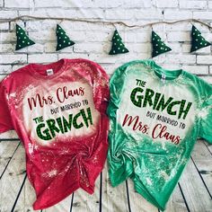 Because it can always feel like we are married to the green guy during these times! We want to put out the christmas decor as soon as its Nov. 1st but The green guy says no its too early! This funny holiday bleached shirt 👔  is perfect for this holiday season. It will sure get some laughs.  shirts are made to order and run true to size. image is printed directly on shirt so it will have a vintage look to the design. Shirts are hand bleached so no two will look exactly alike  If ordering red or Christmas Shirts Kids, Bleaching Shirts, Christmas Couple Shirts, Holiday Couple, Bleach Shirt Diy, Gangsta Wrapper, Sublimation Heat Press, Bleach Shirt, Bleached Tees