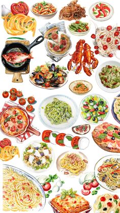 a large variety of food is shown in this image, including pasta and shrimps