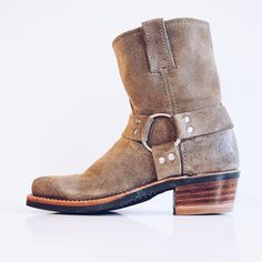 Our iconic Harness boot just got a makeover; it's now available in burnished suede. This boot is distinctly all American. #thefryecompany Western Style Oiled Leather Moto Boots, Rugged Leather Moto Boots With Waxed Finish, Rugged Distressed Brown Moto Boots For Fall, Vintage Oiled Leather Boots With Waxed Finish, Rugged Distressed Brown Snip Toe Moto Boots, Rustic Vintage Brown Leather Moto Boots, Rugged Distressed Brown Moto Boots With Snip Toe, Rustic Moto Boots With Leather Sole In Oiled Leather, Rustic Moto Boots With Oiled Leather