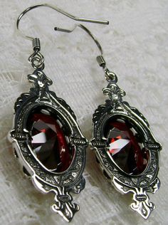 Red Garnet Cubic Zirconia (CZ) Earrings, Sterling Silver Filigree, Victorian Jewelry, Pin Design P18 Victorian Lamp, Gothic Theme, Pirate Fairy, Victorian Accessories, Earring Pins, Pin Design, Gothic Accessories, Floral Brooch, Fancy Jewellery