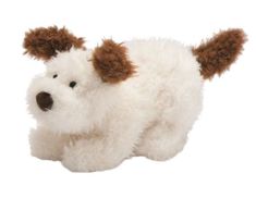 a small white stuffed dog with brown ears