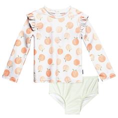 PRICES MAY VARY. Includes rashguard and swimsuit bottom UPF 50+ fabric to protect against harmful rays Comfort-stretch material Fast-drying material Peach theme top with shoulder ruffles Toddler Girl Swimsuit, Baby Size Chart, Long Sleeve Rashguard, Gerber Baby, Swimming Bathing Suits, Swimwear Sets, Baby And Toddler, Swimsuit Set, Toddler Boy Outfits