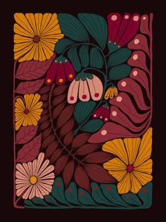 an illustration of flowers and leaves on a black background with red, orange, yellow and green colors