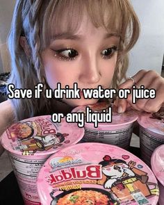 a girl eating some food with the caption save if u drink water or juice or any liquid