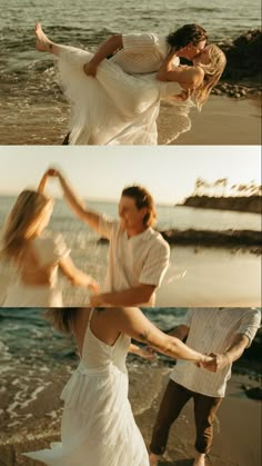 two people are dancing on the beach together