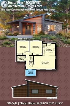 the floor plan for a small cabin house with two bedroom and an attached loft, is shown