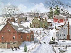 a painting of a snowy village with horses and sleighs