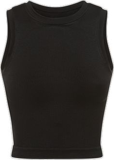 Black Ribbed Elastane Tops, Black Seamless Sleeveless Tank Top, Black Ribbed Tank Vest, Black Seamless Tank Crop Top, Black Sleeveless Seamless Tank Top, Black Ribbed Racerback Crop Top, Black Tank Crop Top With Seamless Construction, Black Sporty Crop Top With Tank Straps, Fitted Black Ribbed Vest