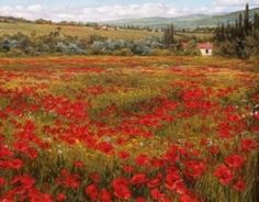 a painting of a field full of red flowers