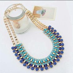 New Fashion Necklace Chain Colorful Statement Party Necklace Choker Pretty Girl Luxury Necklace Jewelry Blue Costume Jewelry Necklace With Chain, Trendy Blue Necklace For Party, Blue Jeweled Party Necklaces, Blue Jewel Necklaces For Parties, Elegant Blue Chain Necklace For Party, Blue Jeweled Necklaces For Party, Trendy Blue Chain Necklace Gift, Trendy Blue Chain Necklace For Gift, Blue Bohemian Necklaces For Party