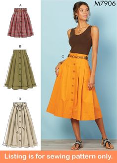 "Sewing Pattern Make Buttoned Skirt for Women Uncut and Factory Folded This listing is for one sewing pattern to make all of the items listed below.  Directions and pattern pieces are included.  Please note that anything else shown as well as any fabric or supplies needed are not included. These skirts are a classic vintage style you will love!  Sew a full skirt with pleats that are worn 2\" above the waist and have front button closure and belt loops.  It can be made in any or all of the three Pleated Skirt Pattern, Sew Patterns, Womens Pleated Skirt, Sewing Dress, Kilt Skirt, High Waisted Pleated Skirt, Skirt Patterns Sewing, Mccalls Sewing Patterns, Sewing Skirts