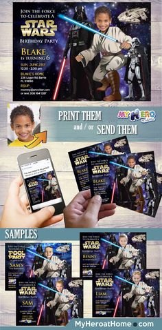 the star wars flyer is shown in three different colors, including blue and white stripes