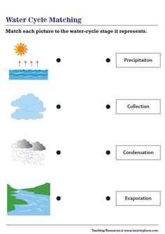 water cycle matching worksheet for kids to learn about the different types of water