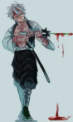 an anime character is holding a knife and blood dripping down the wall behind him,