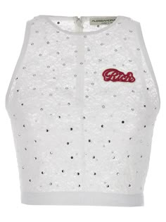 Lace top with rhinestone appliqué, crew neck, sleeveless cropped style, front logo embroidery, back zip closure. Composition: 95% polyamide, 5% elastane Chloe 2024, Surface Techniques, Top In Pizzo, Cherry Cherry, White Lace Crop Top, Classic Clothing, Gifts To Buy, Alessandra Rich, Rich Women