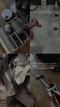 four different pictures showing how to clean a dishwasher and what to do with it