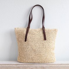 Elena Handbags Straw Woven Tote Bag with Leather Strap Everyday Double Handle Crochet Bag With Woven Leather, Double Handle Woven Leather Crochet Bag For Everyday Use, Everyday Crochet Bag With Woven Leather And Double Handle, Crochet Tote Bag With Woven Leather, Crochet Leather Bag With Double Handle For Everyday Use, Beige Woven Leather Crochet Bag For Everyday Use, Beige Woven Leather Crochet Bag, Casual Woven Leather Hobo Tote Bag, Casual Rectangular Woven Leather Hobo Bag