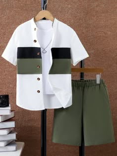 2pcs Tween Boys' College Style Short Sleeve Shirt And Shorts Set Color Block Army Green   Short Sleeve Polyester,Woven Fabric Plain  Non-Stretch  Tween Boys Clothing, size features are:Bust: ,Length: ,Sleeve Length: Men Latest Fashion Clothing, Boys Shirts Style, Boys Shirts Pattern, Army Green Shorts, Kids Winter Fashion, African Shirts For Men, Shirt And Shorts Set, Color Block Shirts, Men Fashion Casual Shirts