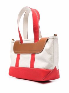 Find PALM ANGELS Palm Beach Tote Bag on Editorialist. red/white/brown cotton-blend/leather debossed logo to the front leather trim two rounded top handles adjustable detachable shoulder strap main compartment front flap closure