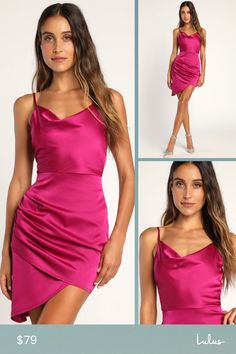 Caution: arriving at the party wearing the Lulus Causing Commotion Magenta Satin Cowl Asymmetrical Mini Dress may cause your admirers to swoon! Lightweight stretch-woven satin shapes adjustable spaghetti straps support a cowl neckline and a fitted bodice. High fitted waist tops an overlapped body-skimming mini skirt that boasts flattering gathered details and an asymmetrical hem. Hidden back zipper/clasp. Fit: This garment fits true to size. Length: Mid-thigh. Size medium measures 33" from adjus Satin Asymmetrical Mini Dress For Cocktail, Date Night Satin Dress With Asymmetrical Neckline, Fitted Satin Asymmetrical Mini Dress, Satin Dress With Asymmetrical Neckline For Date Night, Cocktail Satin Asymmetrical Mini Dress, Flirty Satin Party Dress, Mini Length Satin Asymmetrical Dress, Satin Mini Dress With Asymmetrical Hem For Party, Party Satin Dress With Asymmetrical Neckline