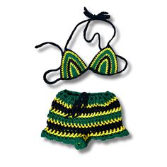 Crochet Mesh Shorts with matching Bikini top in Jamaica Flag colors. Option to add striped bucket hat available. Bikini is halter top with ties behind the neck and at the back. Shorts have tie at waist area. Set is made to order- size guidelines in photos. Can be made to exact measurements if requested in personalization section. Adjustable Striped Swimwear For Summer, Striped Fitted Halter Top For Vacation, Summer Striped Halter Top For Beach Season, Striped Summer Halter Top For Beach Season, Striped Halter Top For Summer Beach, Striped Triangle Halter Top For Vacation, Striped Triangle Halter Top For Beach, Striped Halter Top For Beach Season, Striped Halter Neck Top For Beach